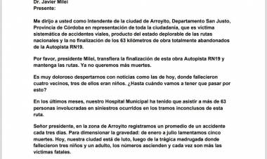 La carta del intendente de Arroyito a Milei tras la tragedia en la ruta 19