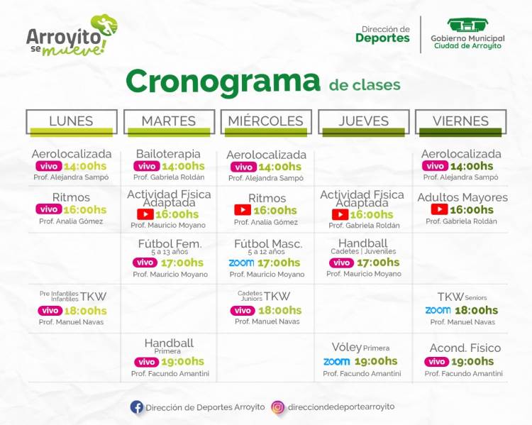 POLIDEPORTIVO MUNICIPAL: CRONOGRAMA DE CLASES ONLINE ACTUALIZADO