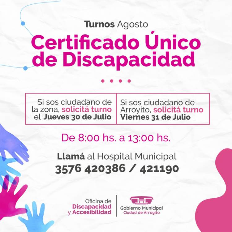 TURNOS PARA CERTIFICADO ÚNICO DE DISCAPACIDAD: MES DE AGOSTO
