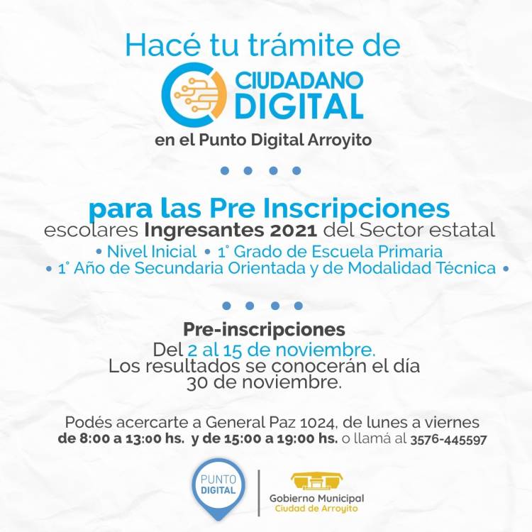 AMPLIACIÓN DE HORARIO DE ATENCIÓN DEL PUNTO DIGITAL ARROYITO DURANTE LAS INSCRIPCIONES ESCOLARES