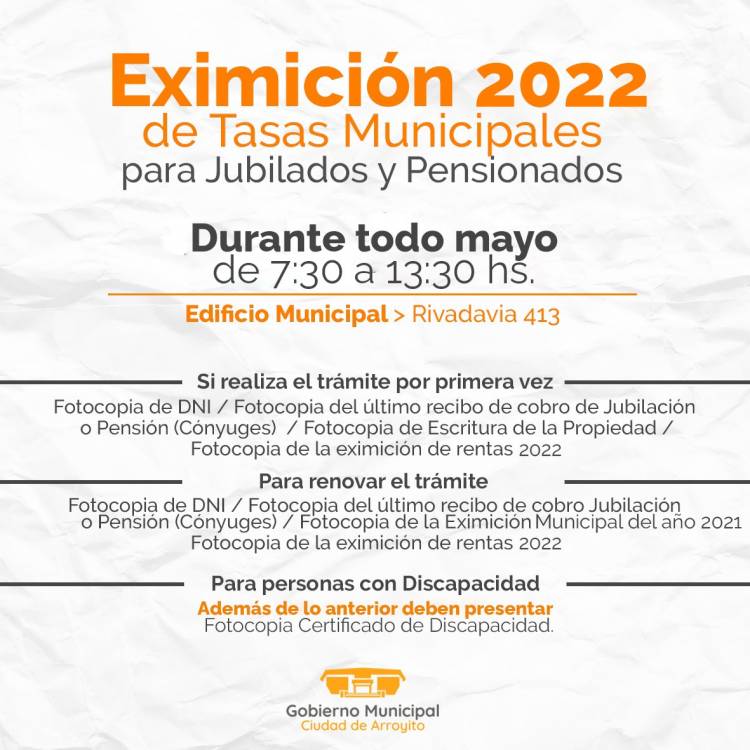 LA EXIMICIÓN DE TASAS MUNICIPALES 2022 COMENZARÁ EN EL MES DE MAYO