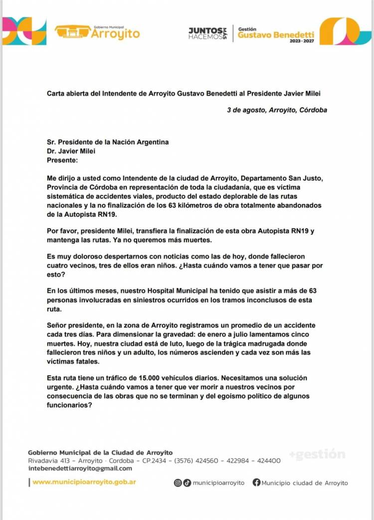 La carta del intendente de Arroyito a Milei tras la tragedia en la ruta 19